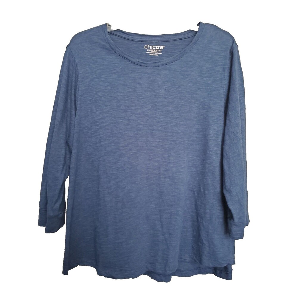 Chico's Blue Slub Knit Crew Neck 3/4 Sleeve Top Size 3 (XL)